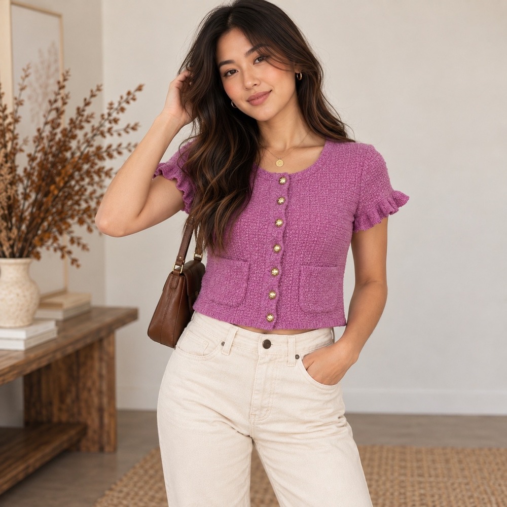 Fate Womens Pink Textured Knit Short Sleeve Cardigan Gold Crest Button Top Small